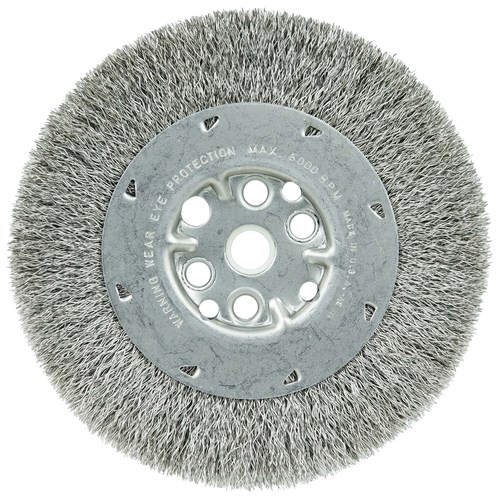 0.014 Wire Diameter 1/2 Brush Face Width 7/8 Bristle Length 5/8-11 Arbor Threaded Hole 20000 rpm Stainless Steel 302 4 Diameter Weiler Dualife Standard Wire Wheel Brush Partial Twist Knotted 