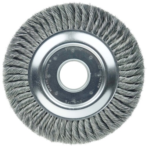7/8  Bristle Length Threaded Hole Weiler Dualife Wire Wheel Brush 5/8-11 Arbor Stainless Steel 302 20000 rpm Full Twist Knotted 4 Diameter 1/4 Brush Face Width 0.020 Wire Diameter 