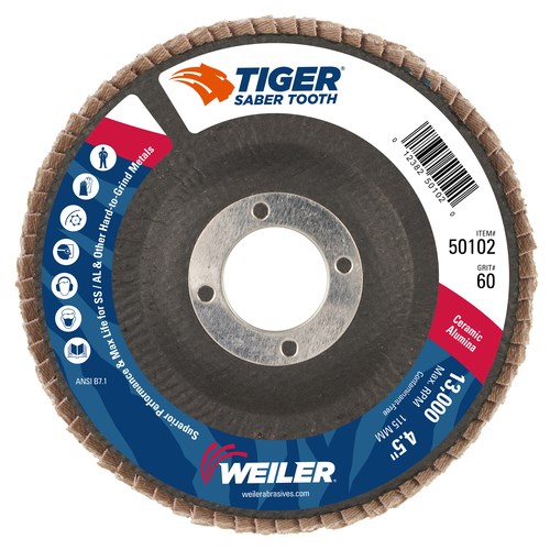 Weiler Corporation 50107 Threaded Hole 4-1/2 Dia. Ceramic Aluminum Oxide Type 29 80 Grit Phenolic Backing Pack of 1 4-1/2 Dia Weiler Saber Tooth Abrasive Flap Disc 