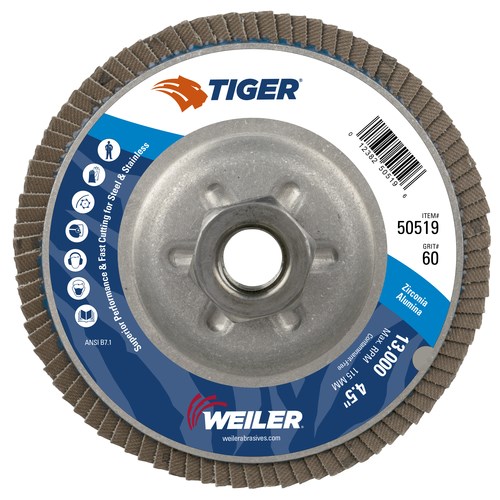 Weiler Corporation 50007 4-1/2 Dia. 4-1/2 Dia Composite Backing Pack of 1 Threaded Hole 60 Grit Type 29 Weiler Trimmable Tiger Abrasive Flap Disc Zirconia Alumina 
