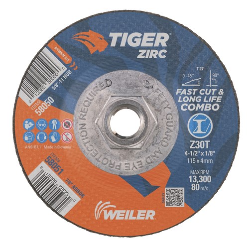 Weiler 58050 4-1/2 x 1/8 Tiger Zirc Type 27 Cut and Grind Combo Wheel Z30T Pack of 10 5/8-11 UNC Nut