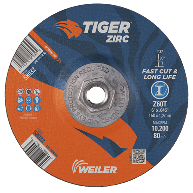 6 x .045 TIGER ZIRC Type 27 Cutting Wheel Z60T 5/8-11 UNC Nut