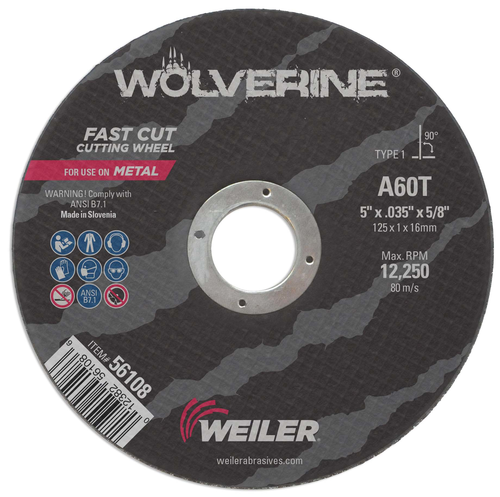 Weiler 56108 5" X 0.035" Wolverine Thin Cutting Wheel Pack Of 100 - A60T 5/8" Arbor For Aggressive Cutting