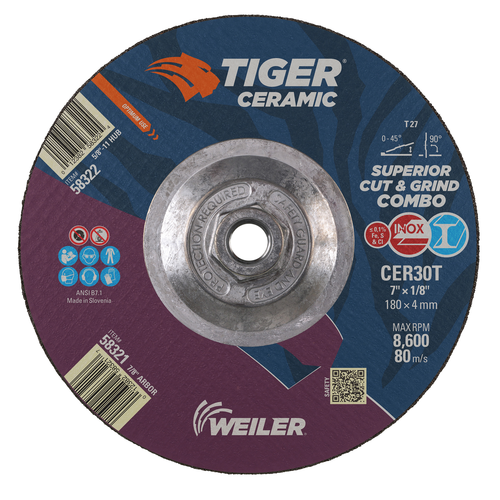 7 x 1/8 TIGER CERAMIC Type 27 Cut/Grind Combo Wheel CER30T 5/8-11 Nut